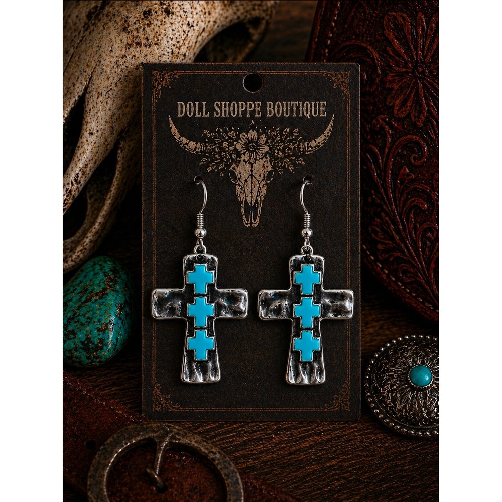 Western Turquoise Cross Earrings – Silver Boho Dangle Earrings | 1.25"